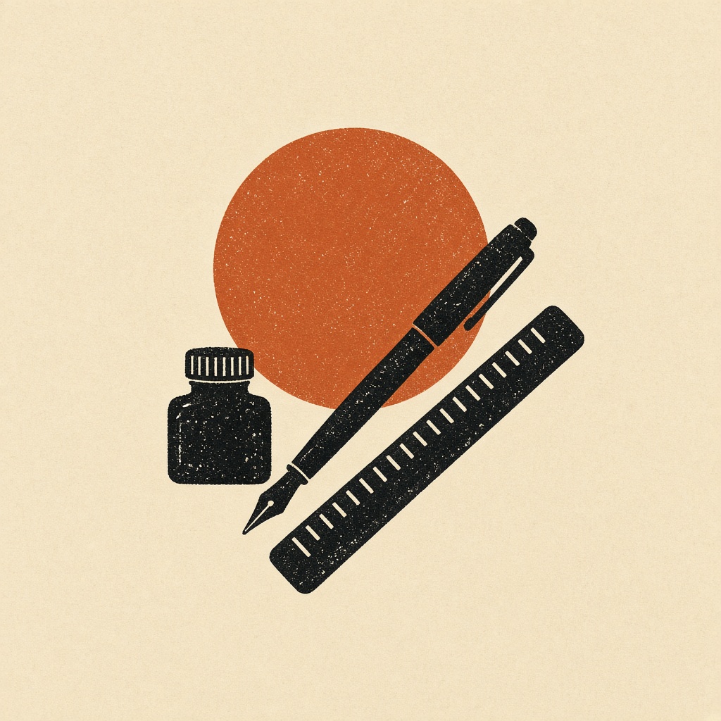 Printer’s mark: rust sun, pen, and ink.