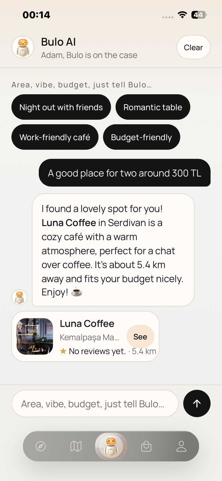 Bulo AI recommending Luna Coffee
